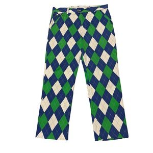 ROYAL & AWESOME‎ Mens 36x34 Golf Pants Argyle Blue on Green White Stretch Cotton